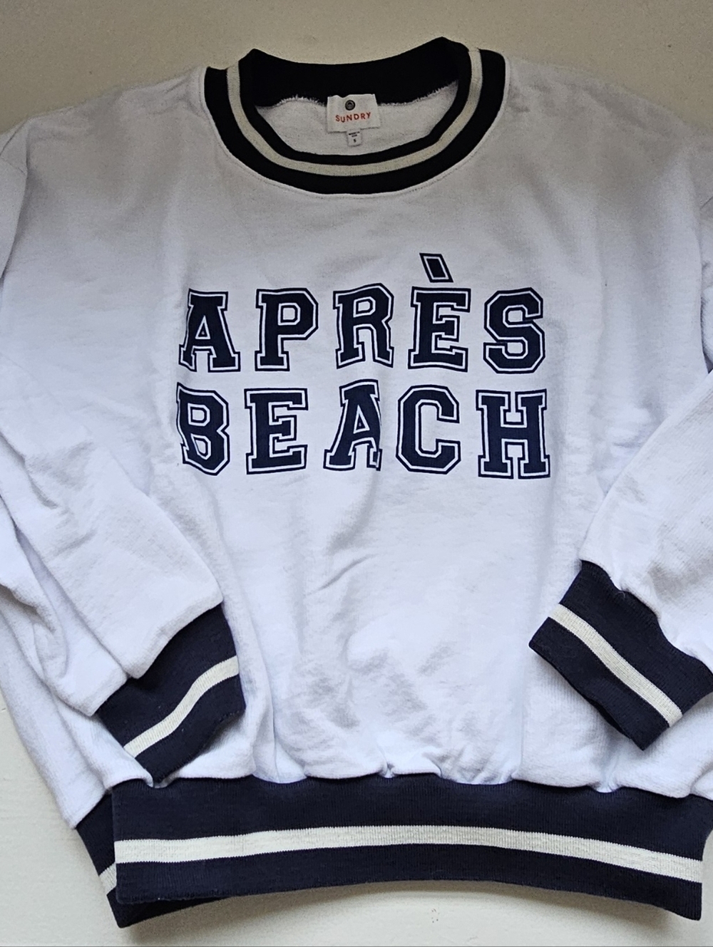 Sundry White Sweatshirt with Navy & Cream Stripe Collar